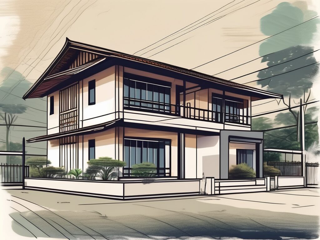 A typical thai house with a school building in the background