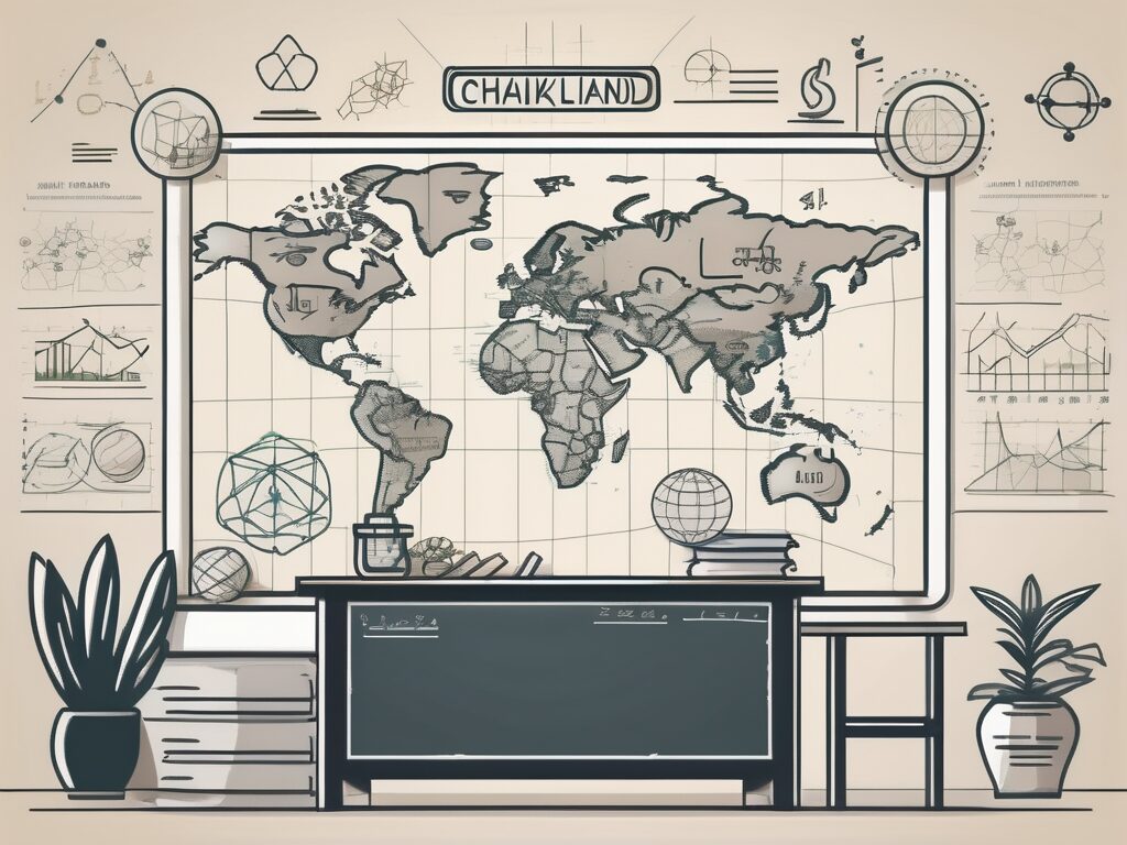 A classroom setting with a chalkboard displaying various subject icons such as science