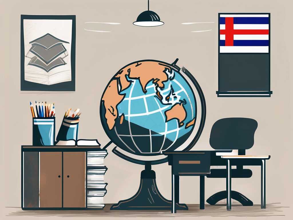 A classroom setting with a globe