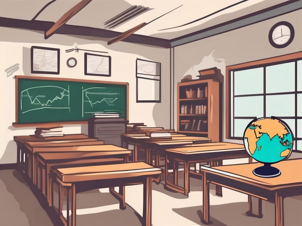 A classroom setting in thailand with a chalkboard