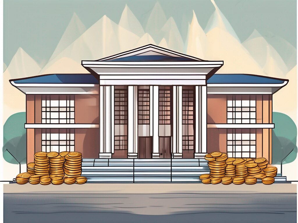 A thai international school building with a symbolic scale balancing books (representing education) and a bag of coins (representing salary)