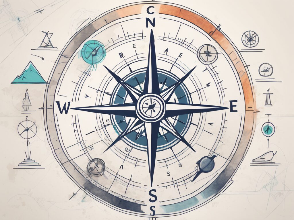 A compass surrounded by different symbols representing various career paths