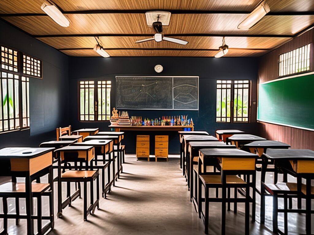 A classroom setting in thailand with empty desks
