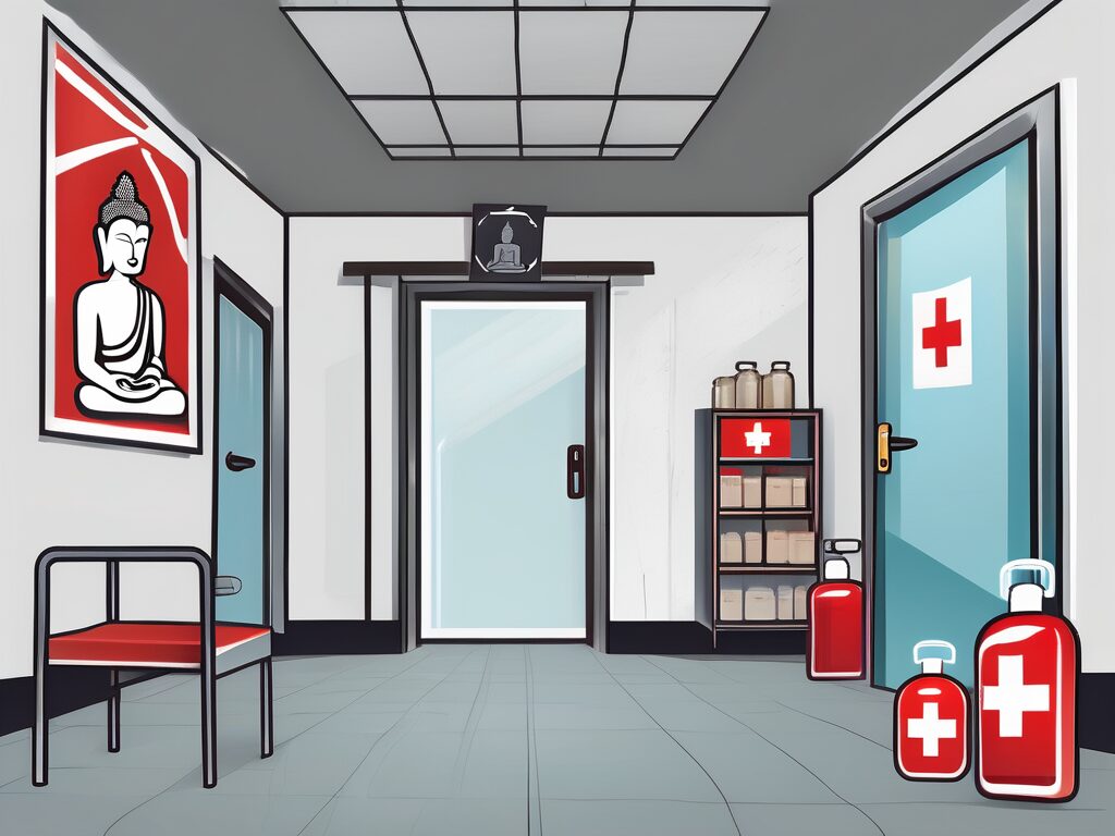 A classroom setting in thailand with a focus on various health and safety elements such as a first aid kit