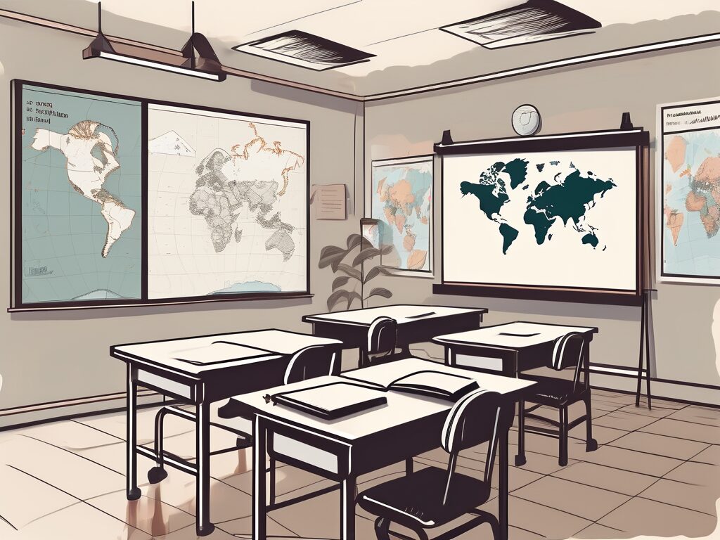 A classroom setting in thailand with teaching aids like maps