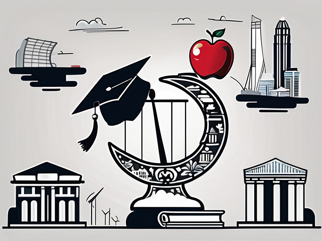 A balanced scale with a symbolic representation of singapore on one side (like the merlion statue or marina bay sands) and various other international landmarks on the other