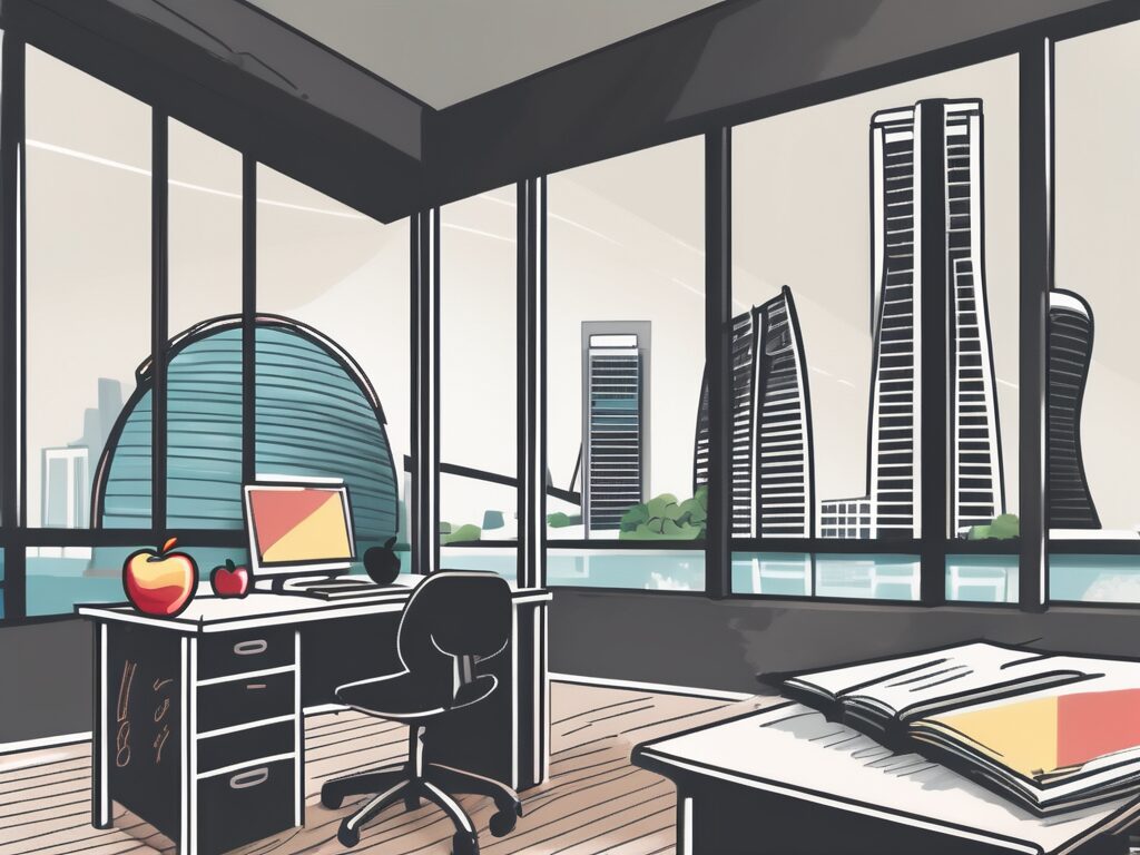 A classroom setting in singapore with the iconic marina bay sands in the background