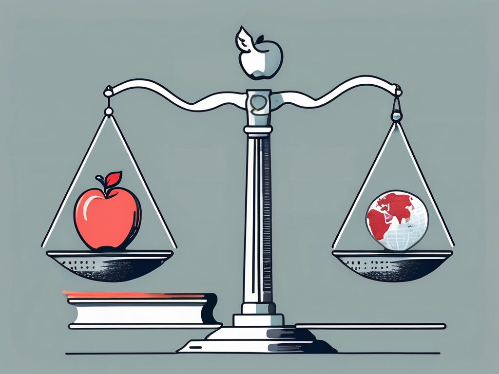 A balance scale with one side holding a symbolic representation of singapore (like the merlion or marina bay sands) and the other side holding symbols of teaching elements (like an apple