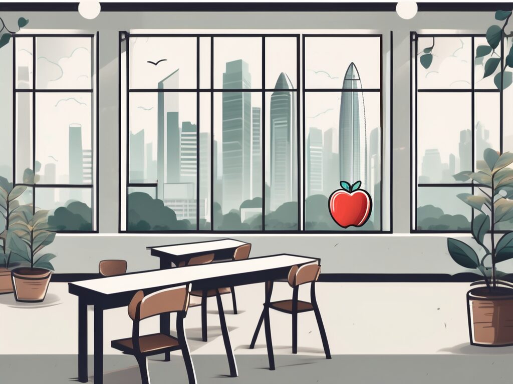 A classroom setting with iconic singapore landmarks visible through the window