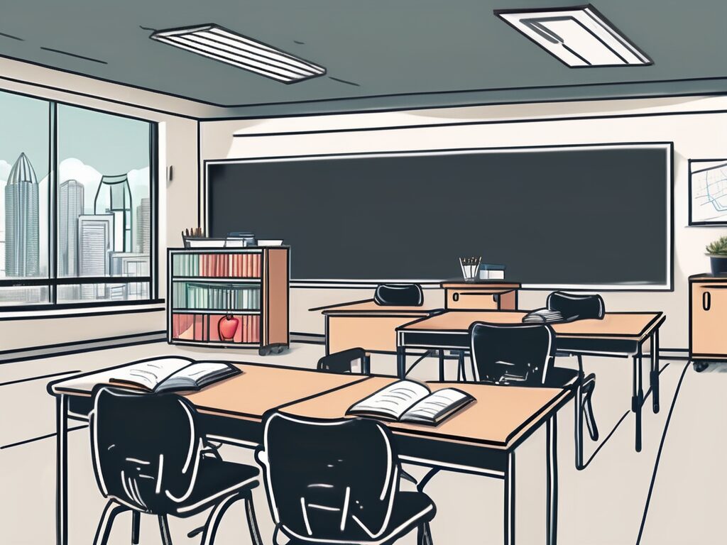A classroom setting in singapore with a teacher's desk