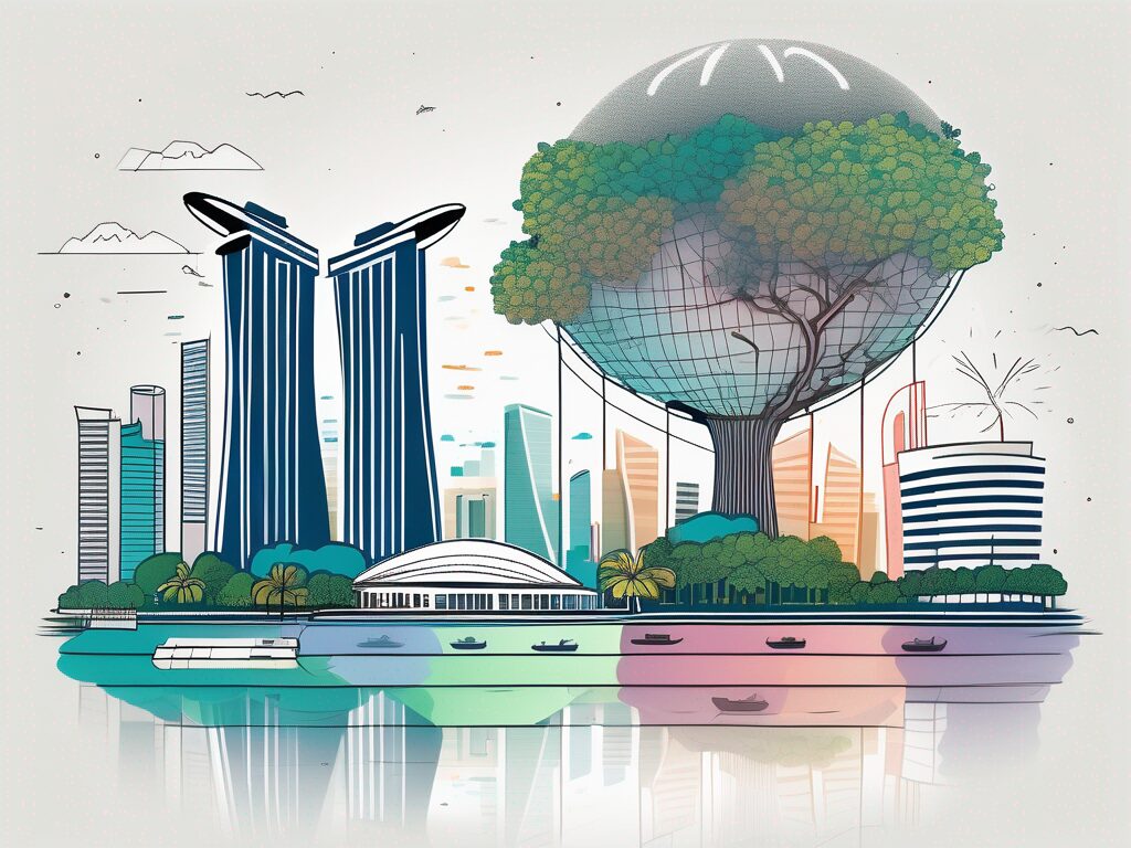 A vibrant singapore cityscape featuring iconic landmarks like marina bay sands and the supertree grove