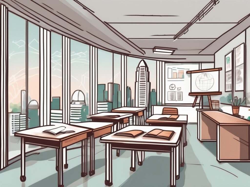 A classroom setting with singapore's iconic landmarks in the background