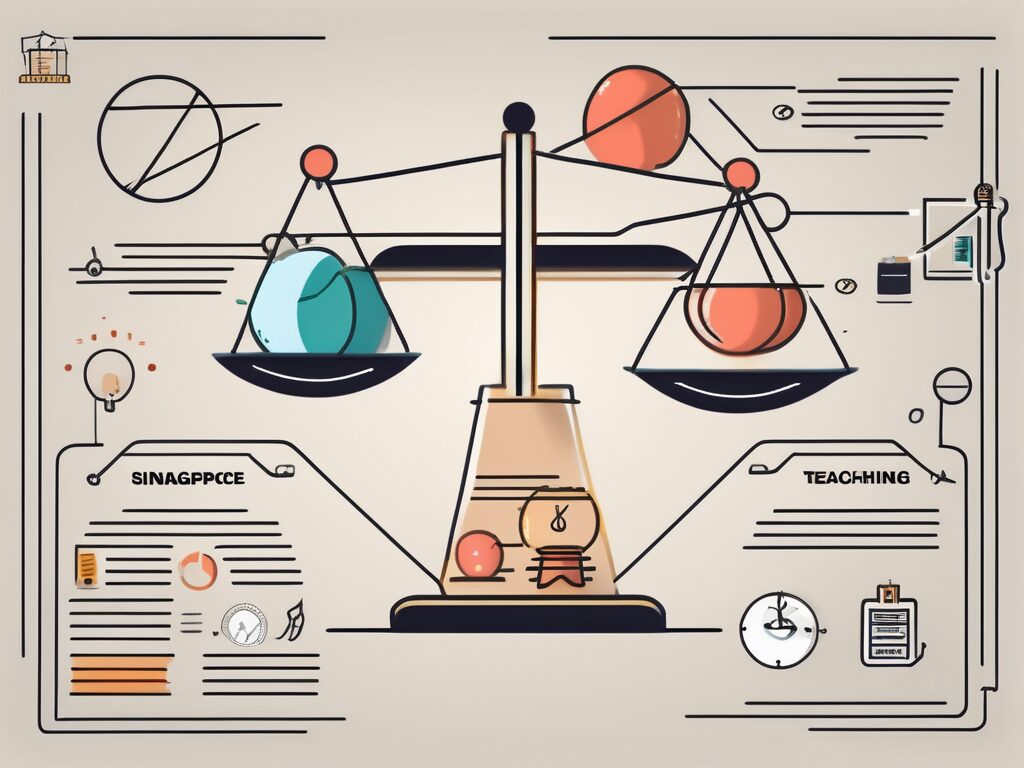 A balanced scale with various symbols of teaching tools and elements representing singapore on either side