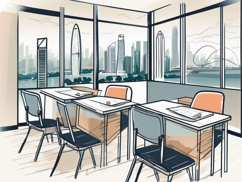 A classroom setting with various teaching aids and a view of the iconic singapore skyline through the window