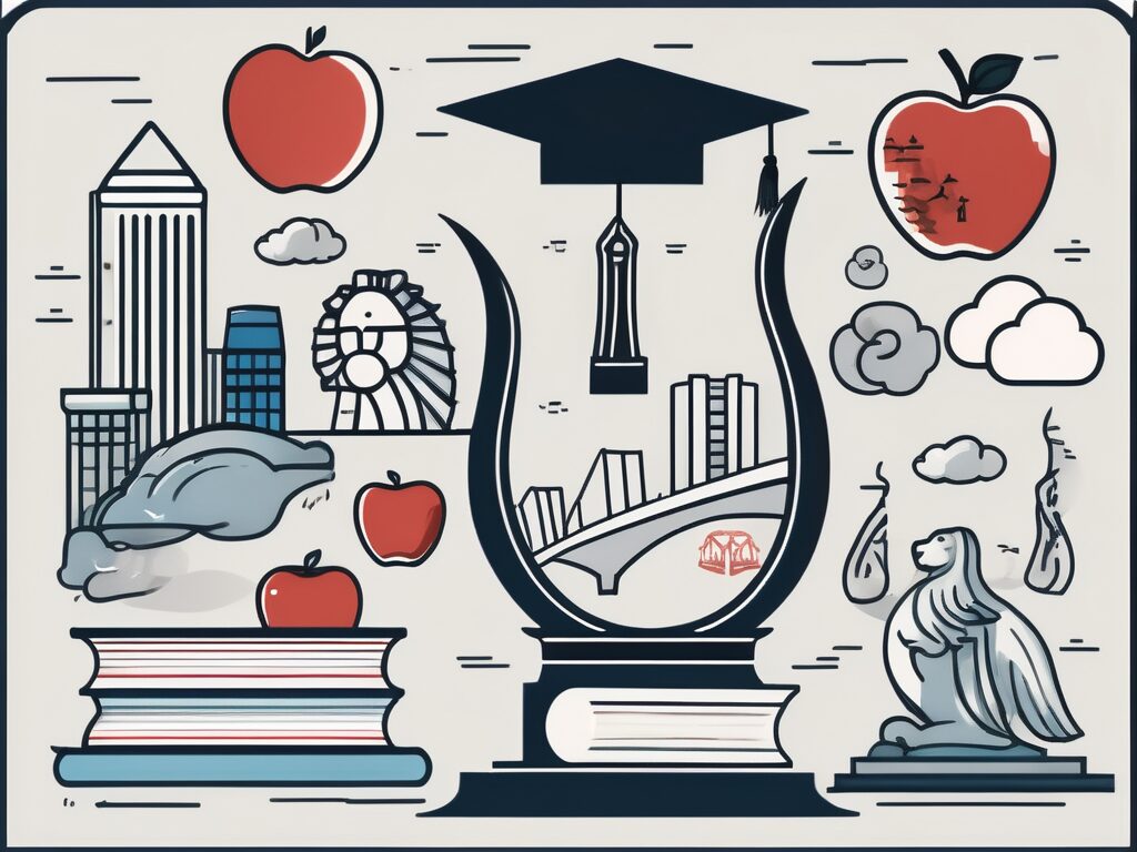 A balanced scale with various iconic symbols of singapore (like the merlion