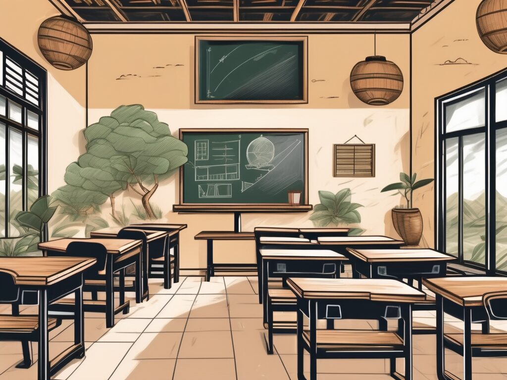 A classroom setting with traditional vietnamese elements