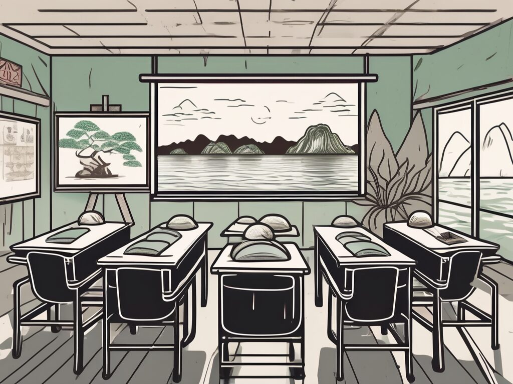 A classroom setting in vietnam with a chalkboard