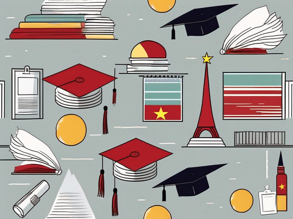 A classroom setting with diverse teaching materials and elements that symbolize vietnam