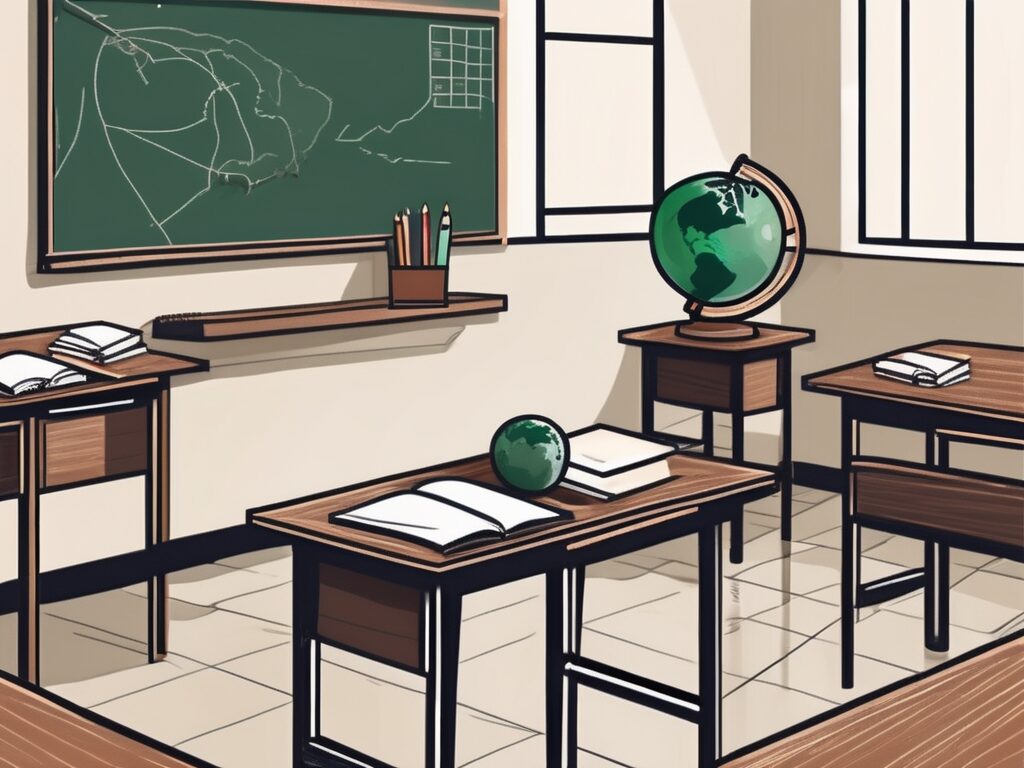 A classroom setting in vietnam with a chalkboard