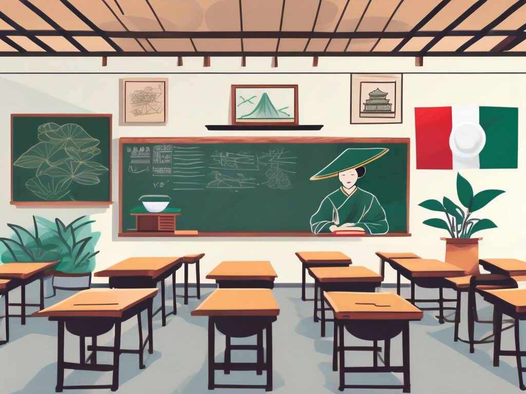 A classroom setting in vietnam with a chalkboard