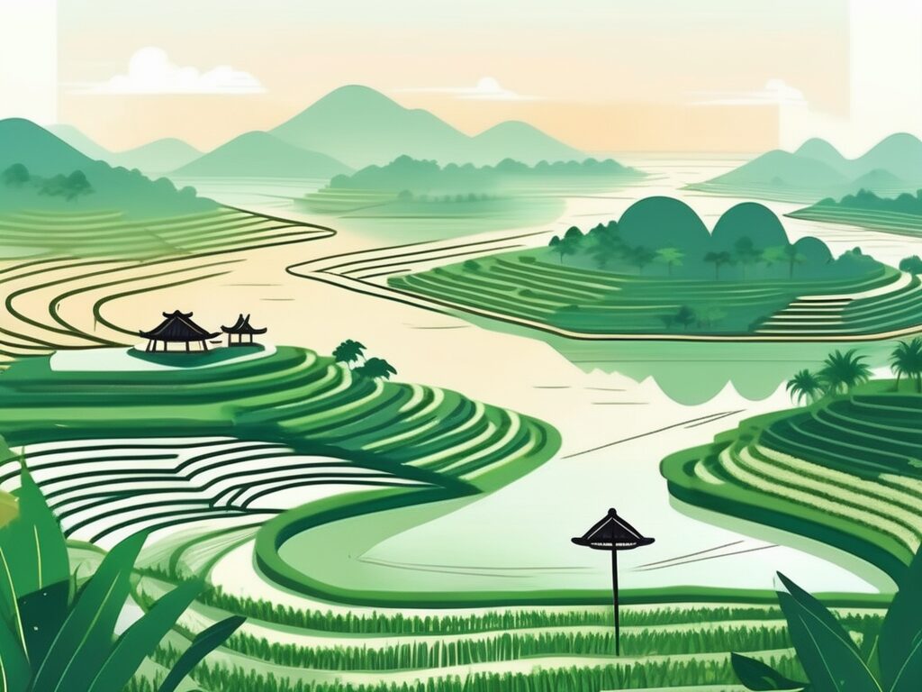 A serene vietnamese landscape featuring notable landmarks like the mekong delta