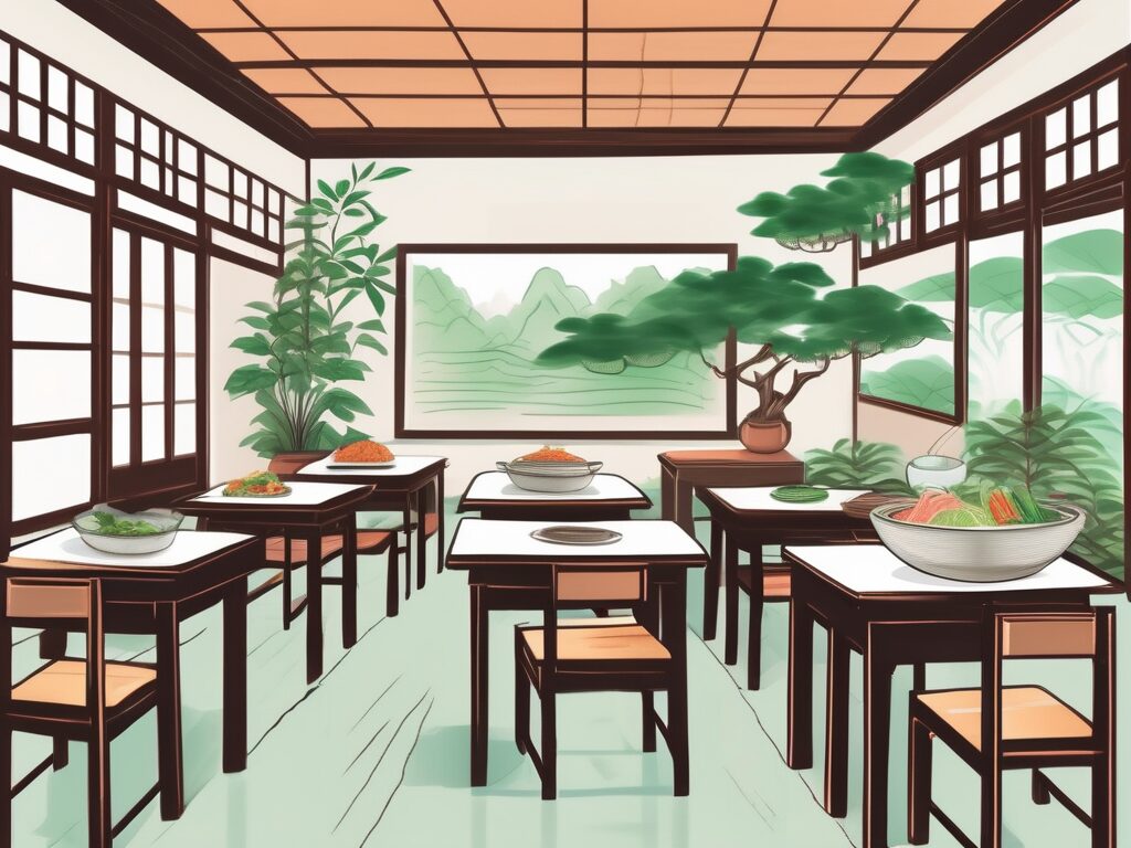 A classroom setting with traditional vietnamese elements and teaching tools