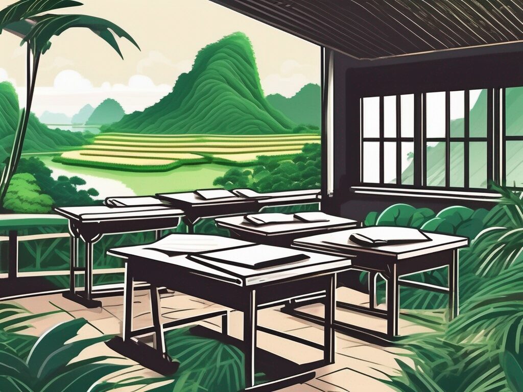 A typical vietnamese classroom with teaching materials and a chalkboard