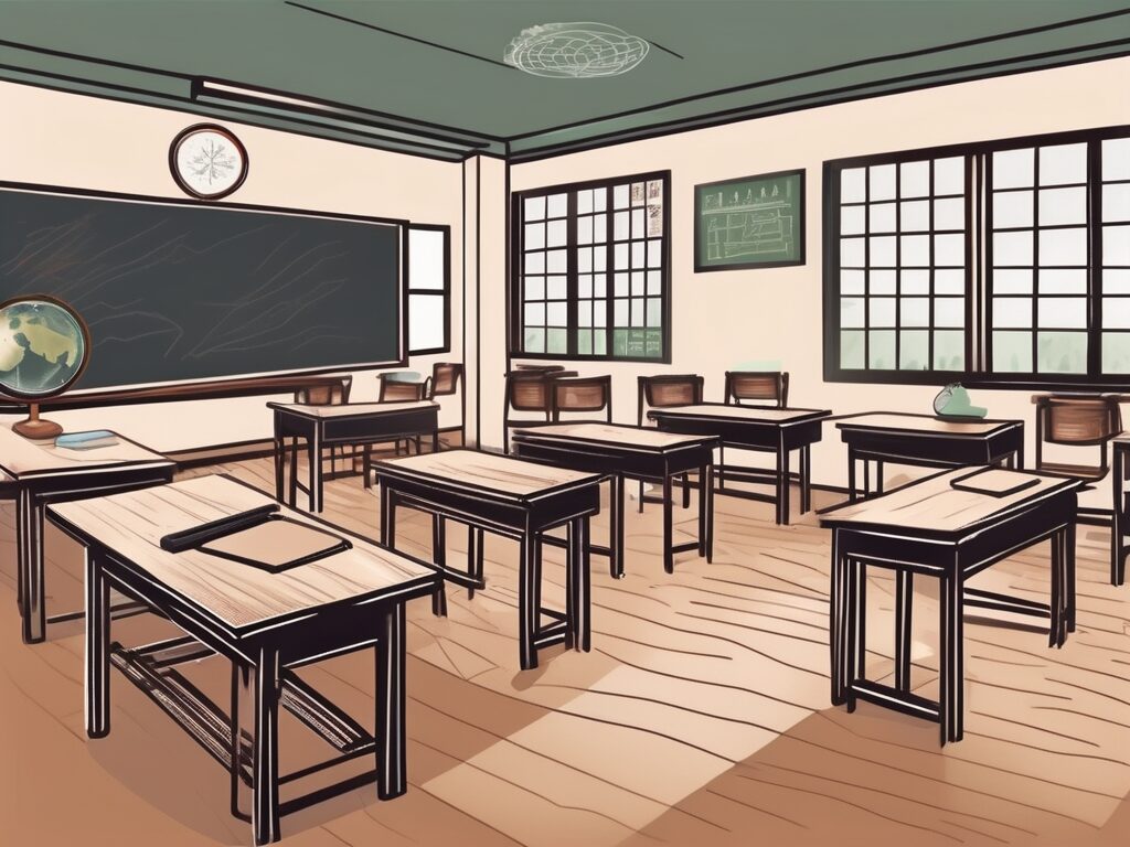 A classroom setting in vietnam with a chalkboard