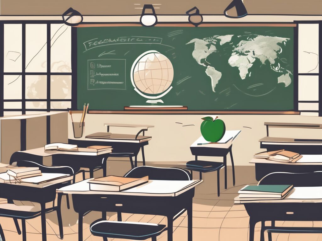 A vietnamese classroom setting with a chalkboard