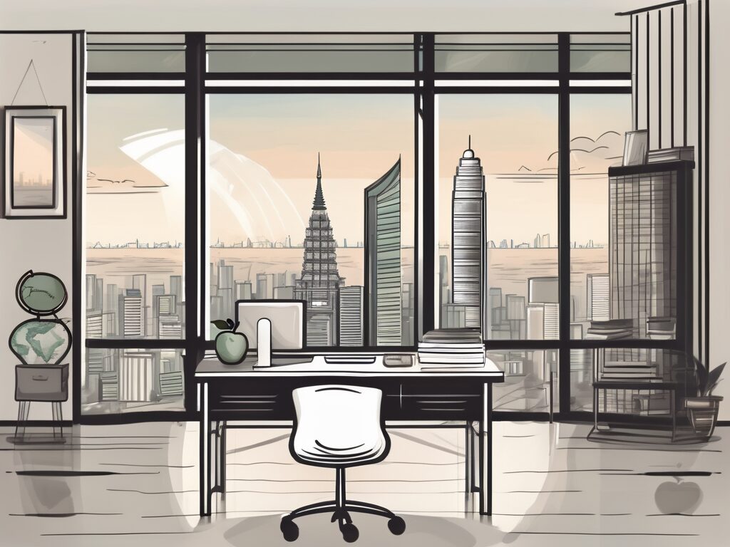 A classroom with a view of the bangkok skyline