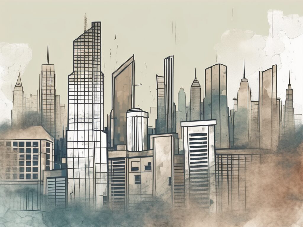 A symbolic representation of the bangkok cityscape with various school buildings in a state of disrepair and a large question mark hovering over them