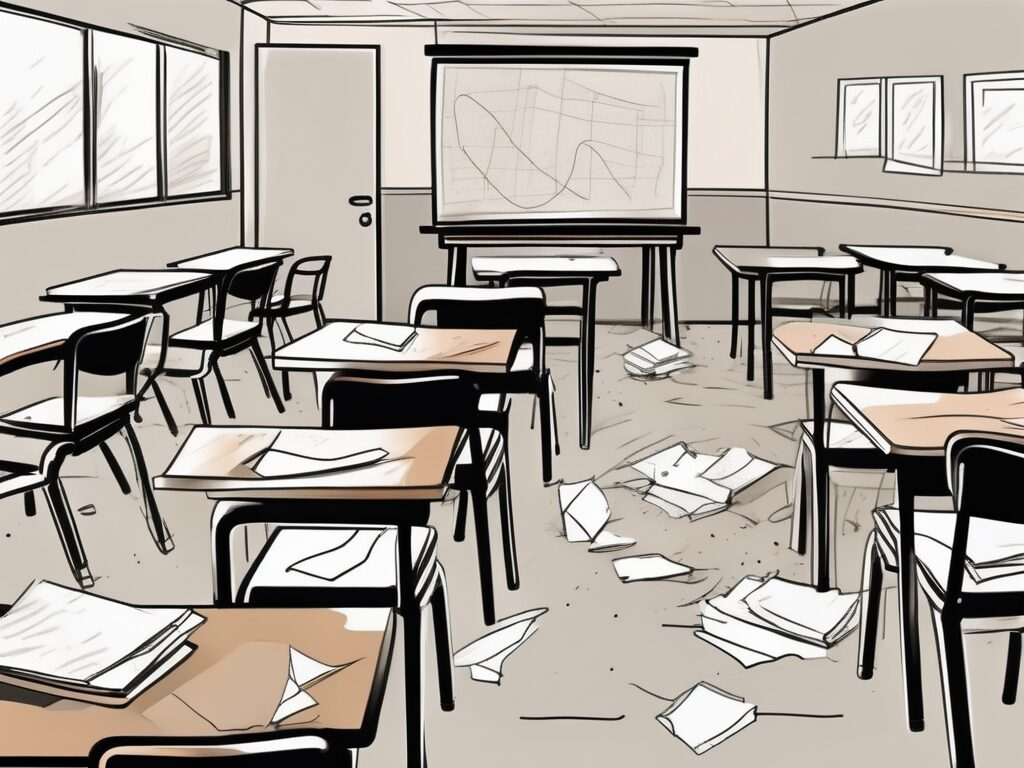 A classroom setting in disarray