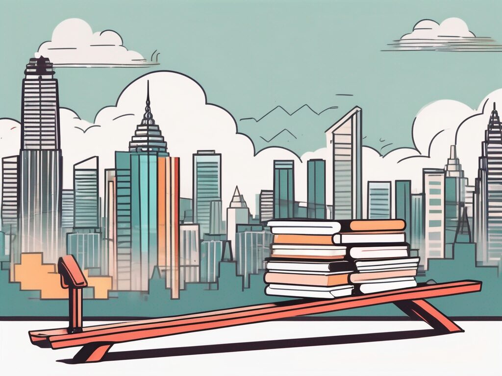 A tilted seesaw with one side heavily weighted down by books and school supplies