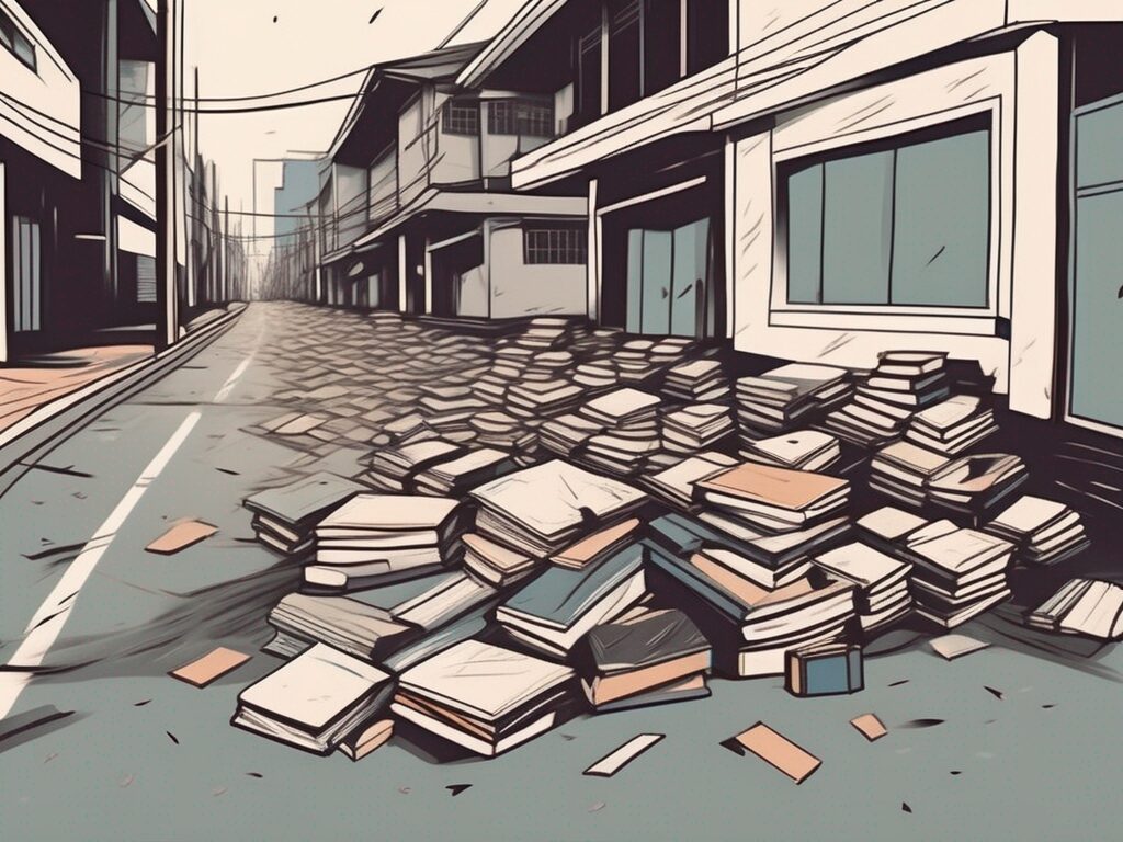 A dimly lit street in bangkok with scattered books and broken school desks
