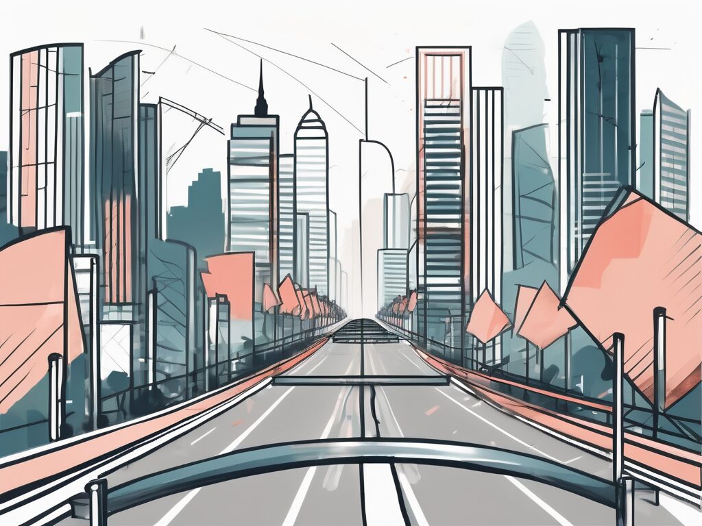 Bangkok's cityscape with symbolic elements such as a broken balance scale and a road with hurdles to represent gender equality barriers