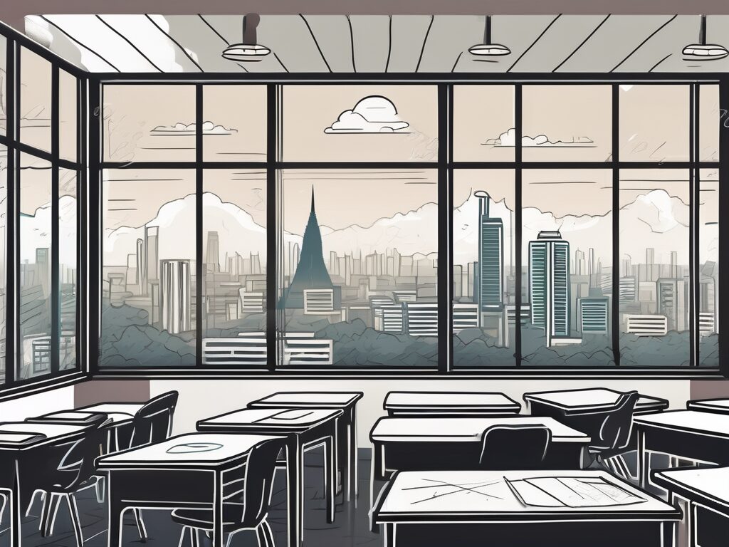A classroom with various international symbols
