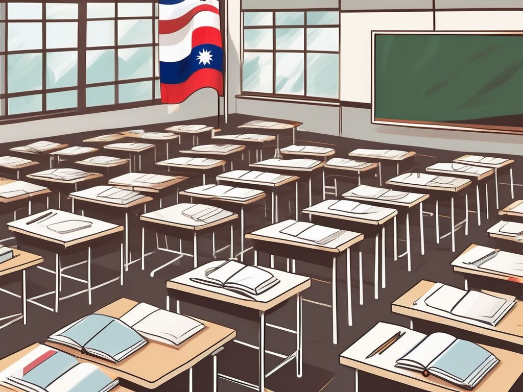 A diverse array of national flags arranged around a classroom setting