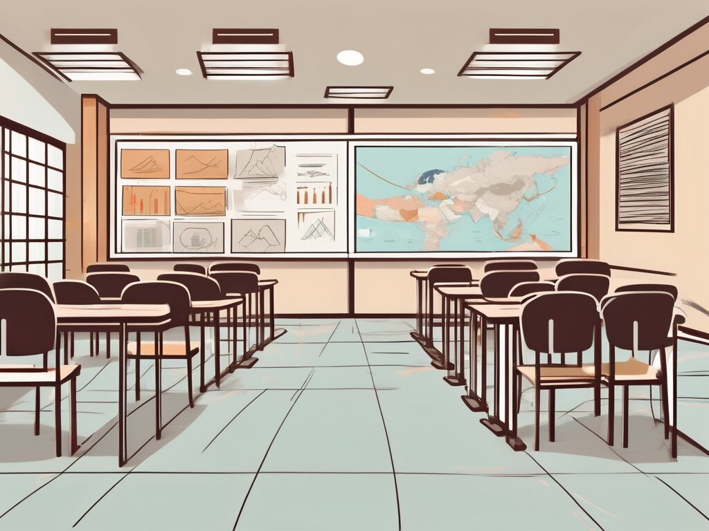 A classroom setting in bangkok with diverse educational tools and cultural symbols