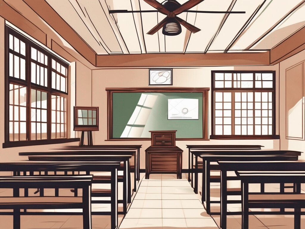A traditional vietnamese schoolhouse with a magnifying glass hovering over it