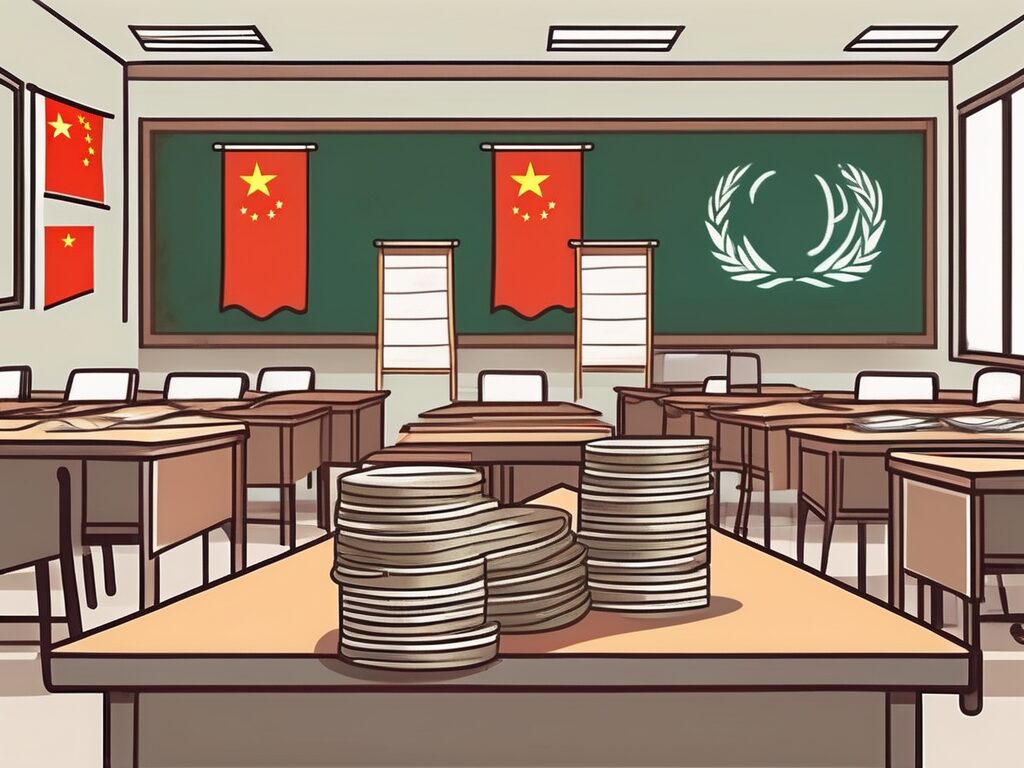 A classroom setting with international flags