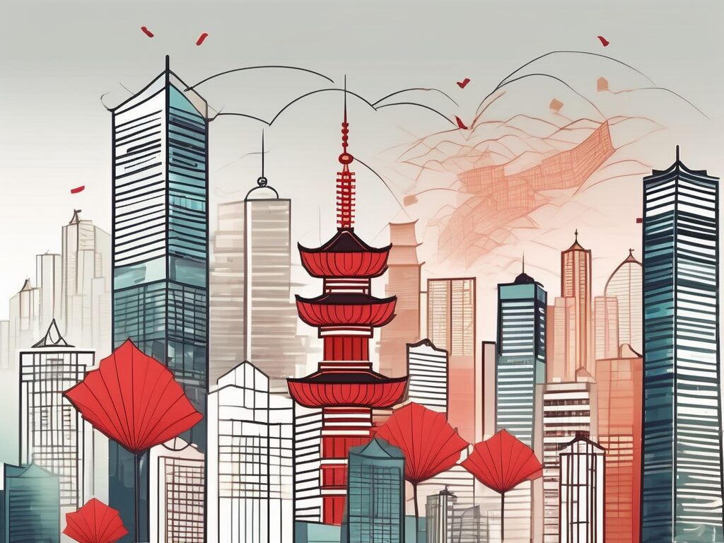 A modern chinese city skyline with yuan symbols incorporated into the design