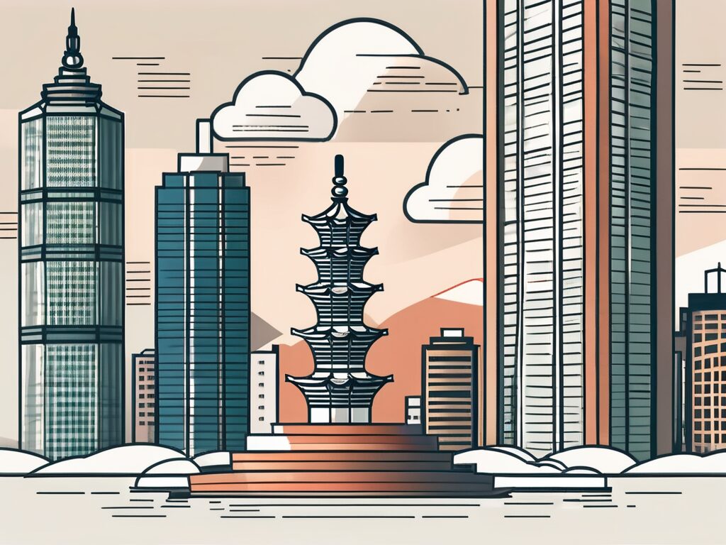 A scale balancing coins and an iconic taiwan landmark such as taipei 101