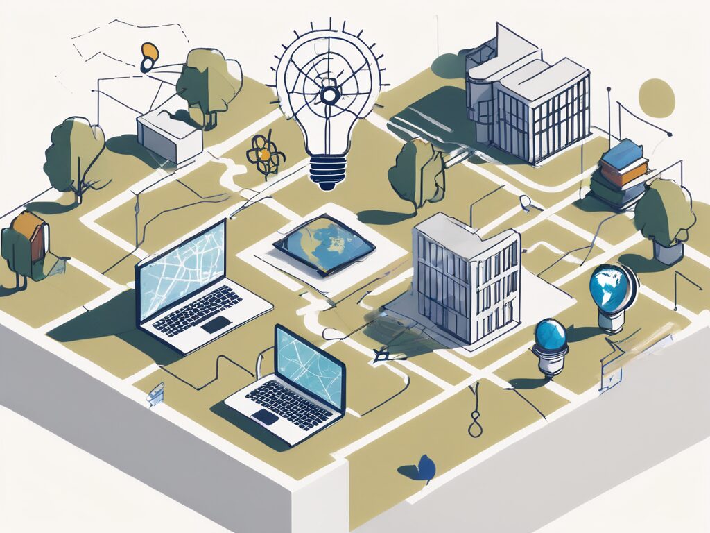 Various international school buildings connected by a network of digital lines