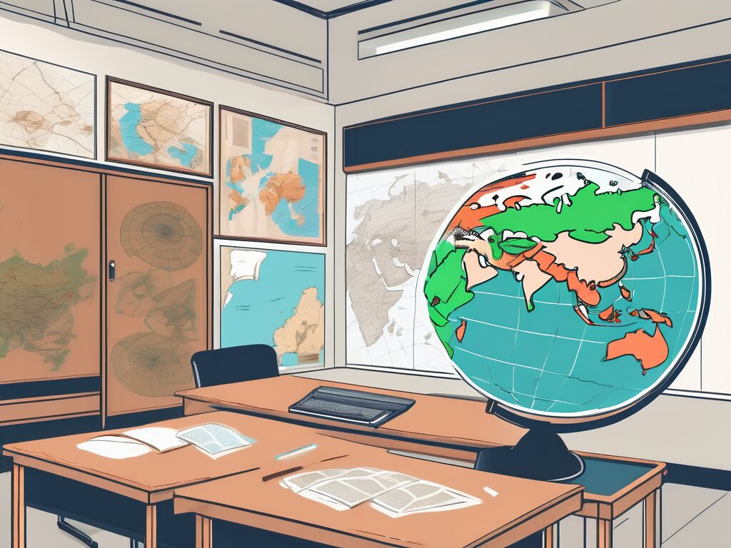 A classroom setting with a globe on the desk