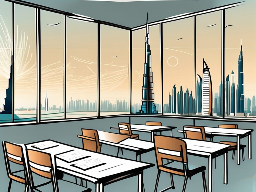 A classroom with a view of iconic uae landmarks