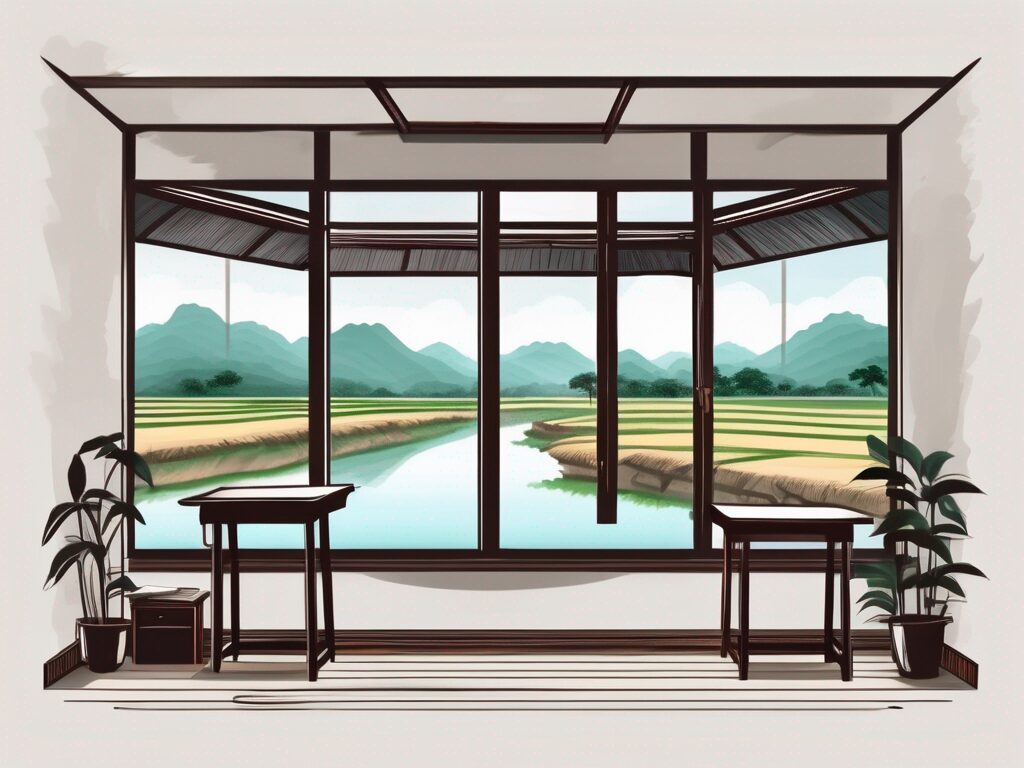 A traditional vietnamese classroom setting with a chalkboard