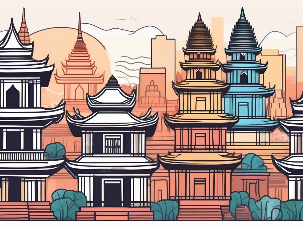 A vibrant cambodian cityscape with iconic landmarks