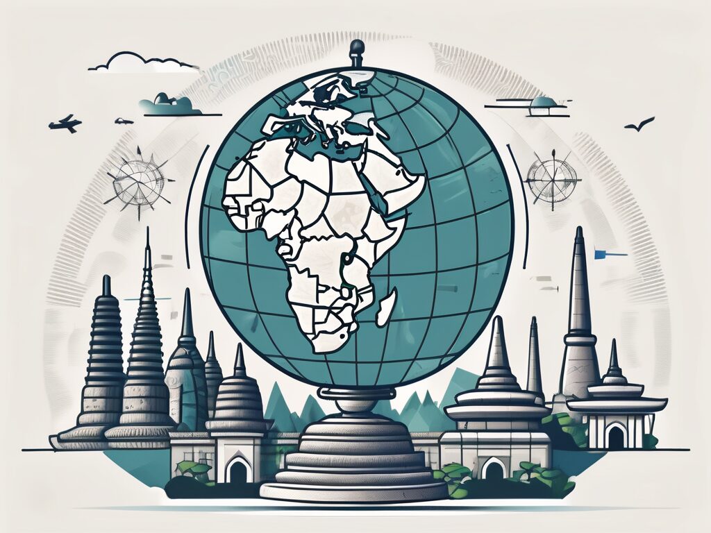 A globe with various iconic landmarks from different cities