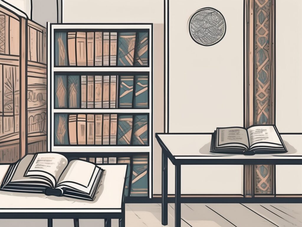 A classroom setting with two books opened side by side