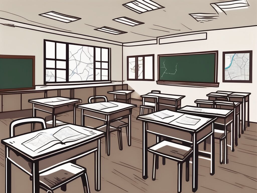 A classroom with empty desks and chairs
